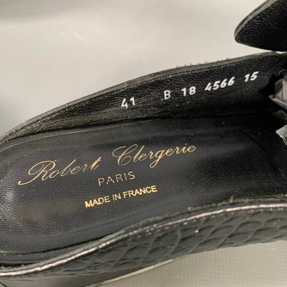 ROBERT CLERGERIE Size 10.5 Black Leather Croc Embossed Embossed Mules Flats